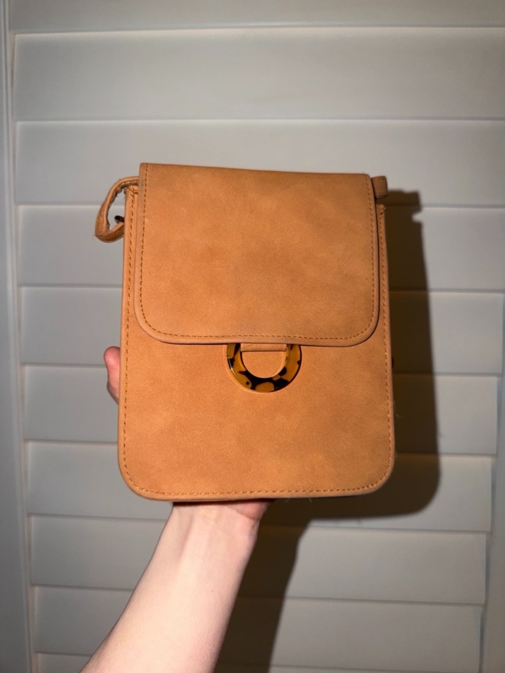 Tan Crossbody Flap Bag with Tortoiseshell Accent